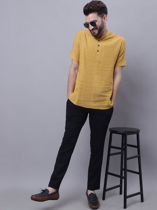 Even Apparels Yellow Pure Cotton Short Sleeves Kurta With Band Collar | Swadesiicart