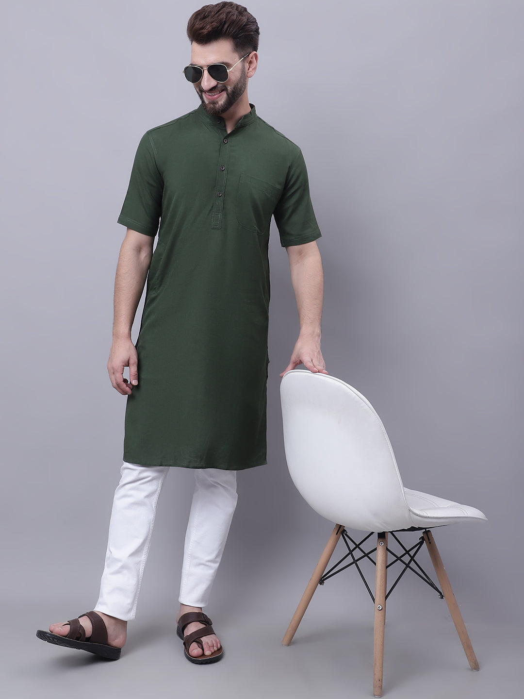 Even Apparels Green Pure Cotton Short Sleeves Kurta With Band Collar | Swadesiicart