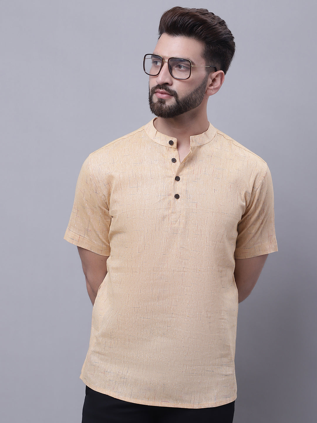 Even Apparels Beige Pure Cotton Short Kurta With Band Collar | Swadesiicart