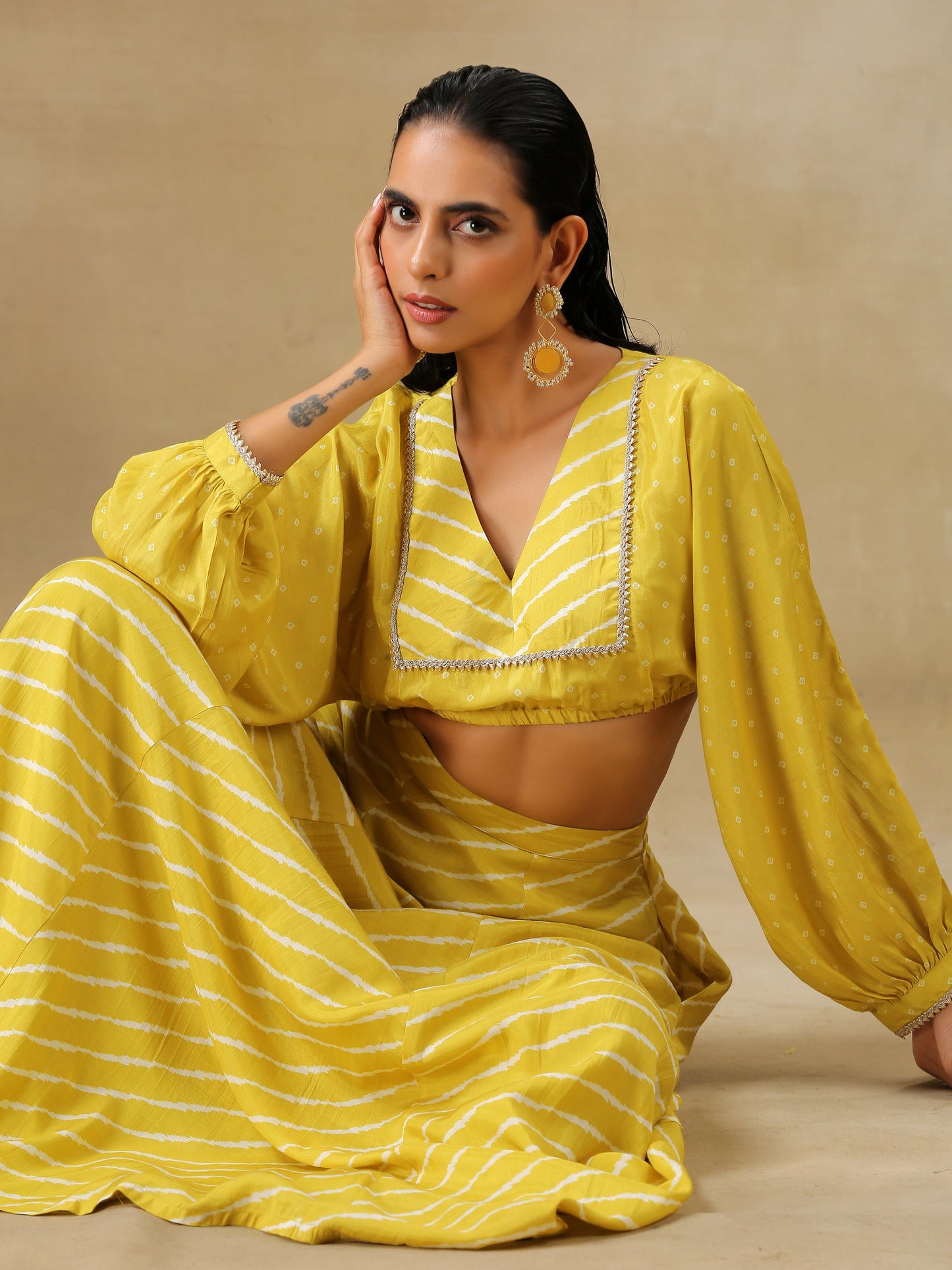 trueBrowns Lime Green Bandhani Printed Silk Top Skirt Set - Swadesiicart