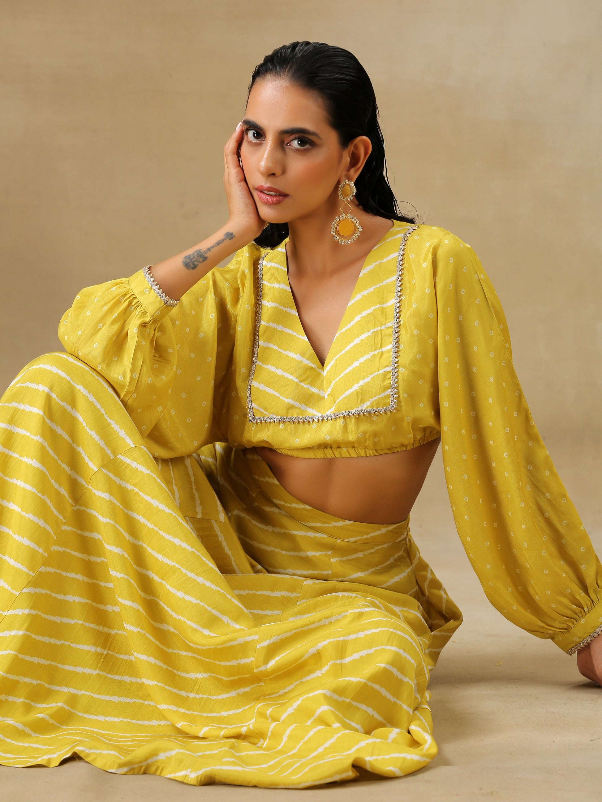 trueBrowns Lime Green Bandhani Printed Silk Top Skirt Set - Swadesiicart