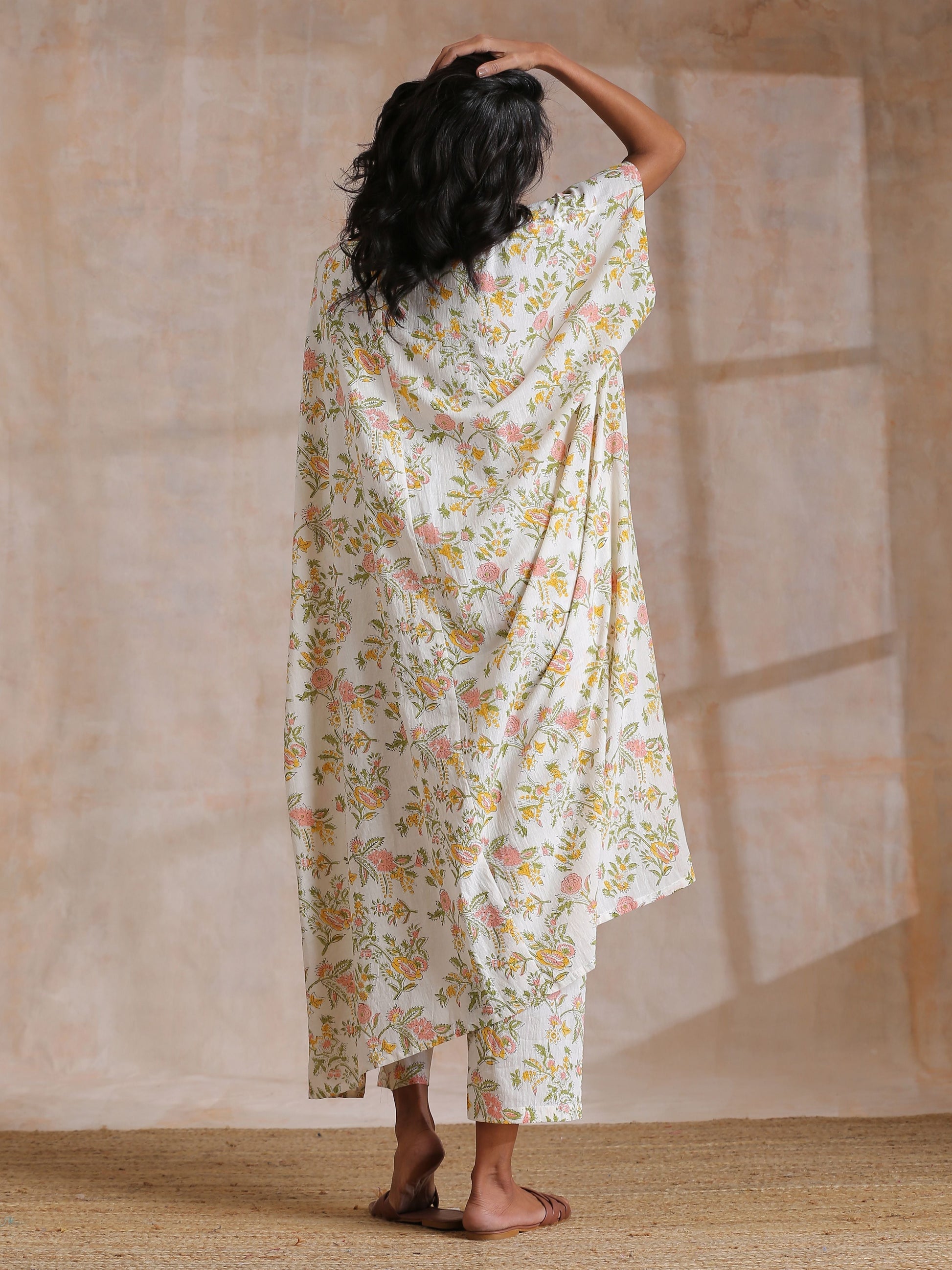 trueBrowns Pink Yellow Floral On White Block Print Cotton Panel Kaftan Kurta Pant Set | Swadesiicart