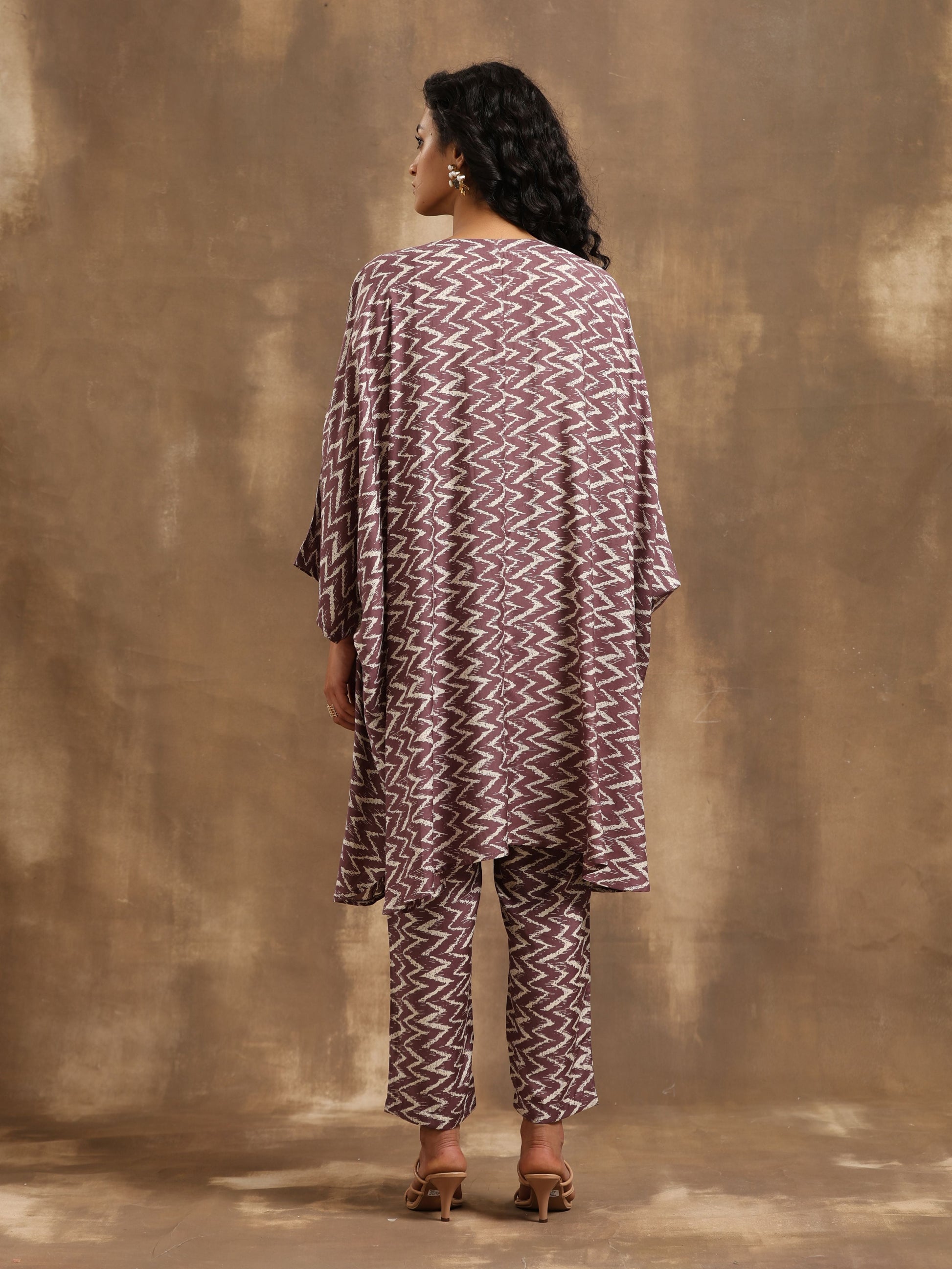 trueBrowns Dark Mauve Zig Zag Printed Silk Kaftan Co-Ord Set - Swadesiicart