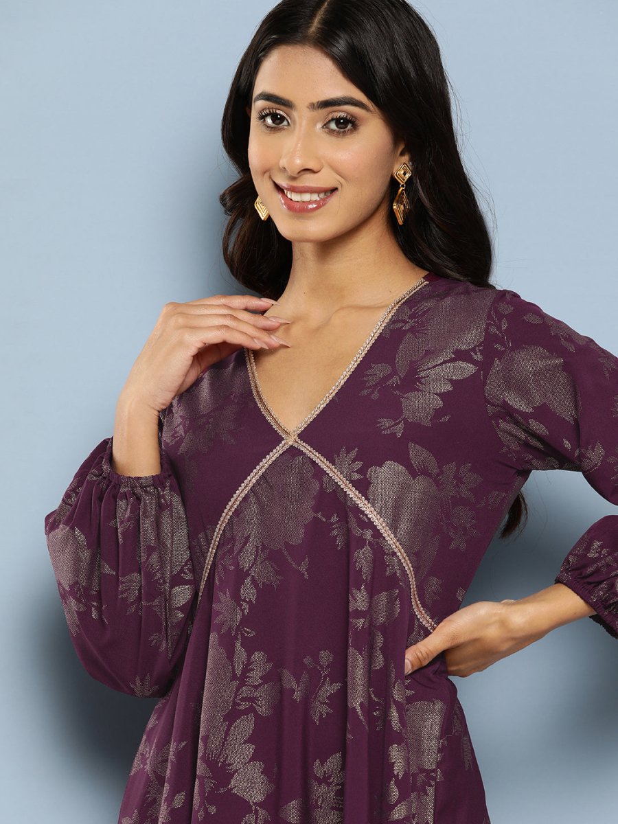 Ahalyaa Floral Print Puff Sleeves Empire Crepe Ethnic Dress | Swadesiicart