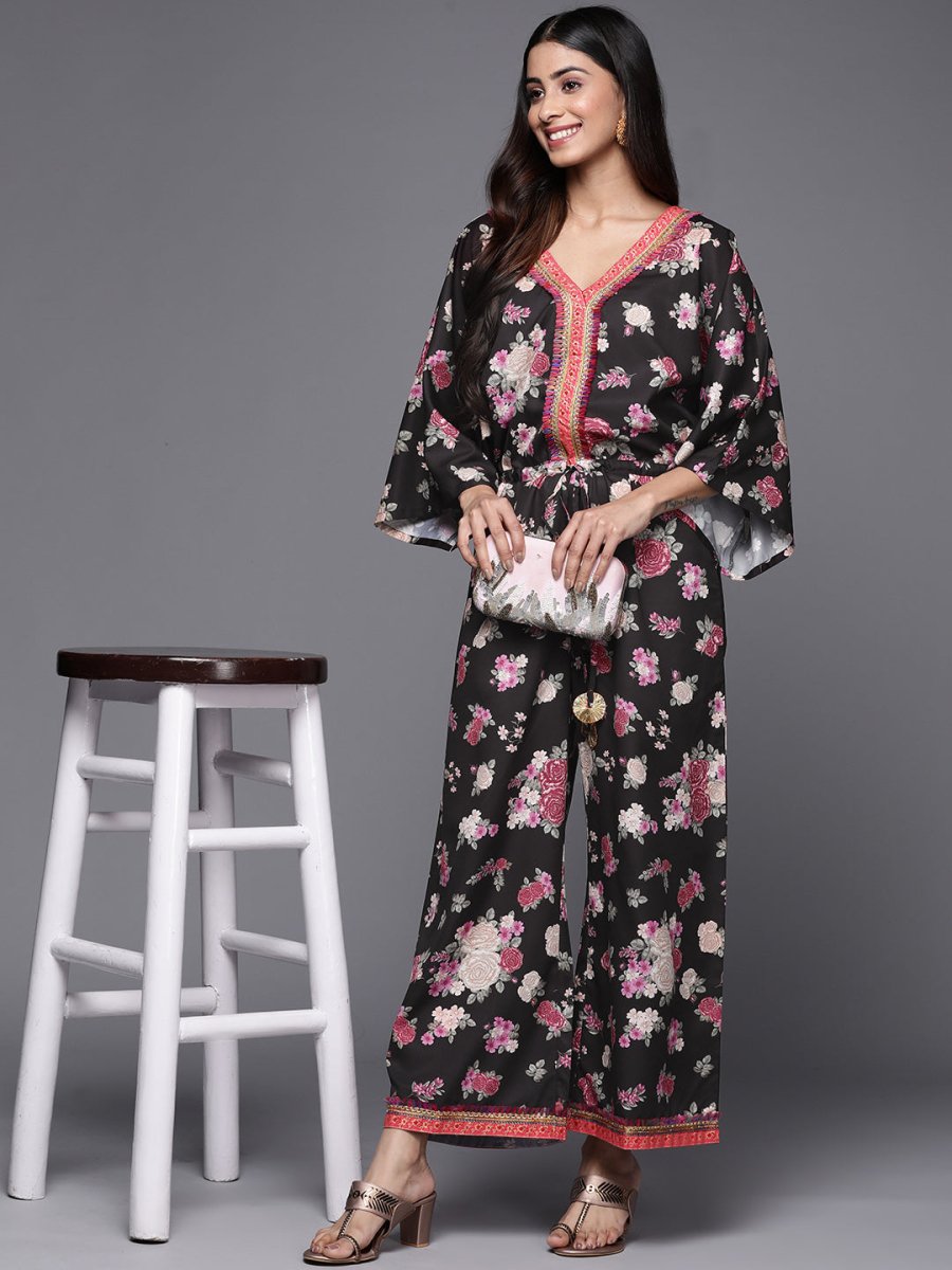 Ahalyaa Printed Crepe Basic Jumpsuit With Lace Inserts | Swadesiicart
