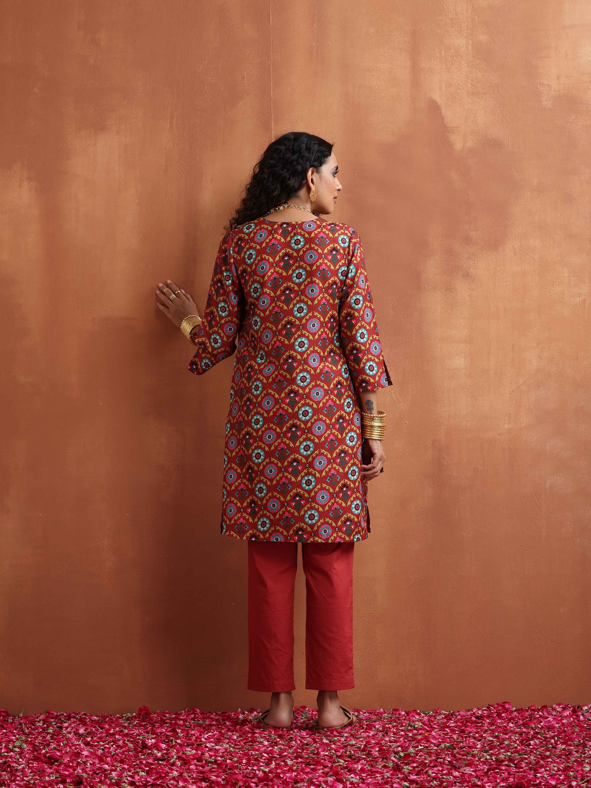 trueBrowns Rust Print Kurta Co-ord Set - Swadesiicart