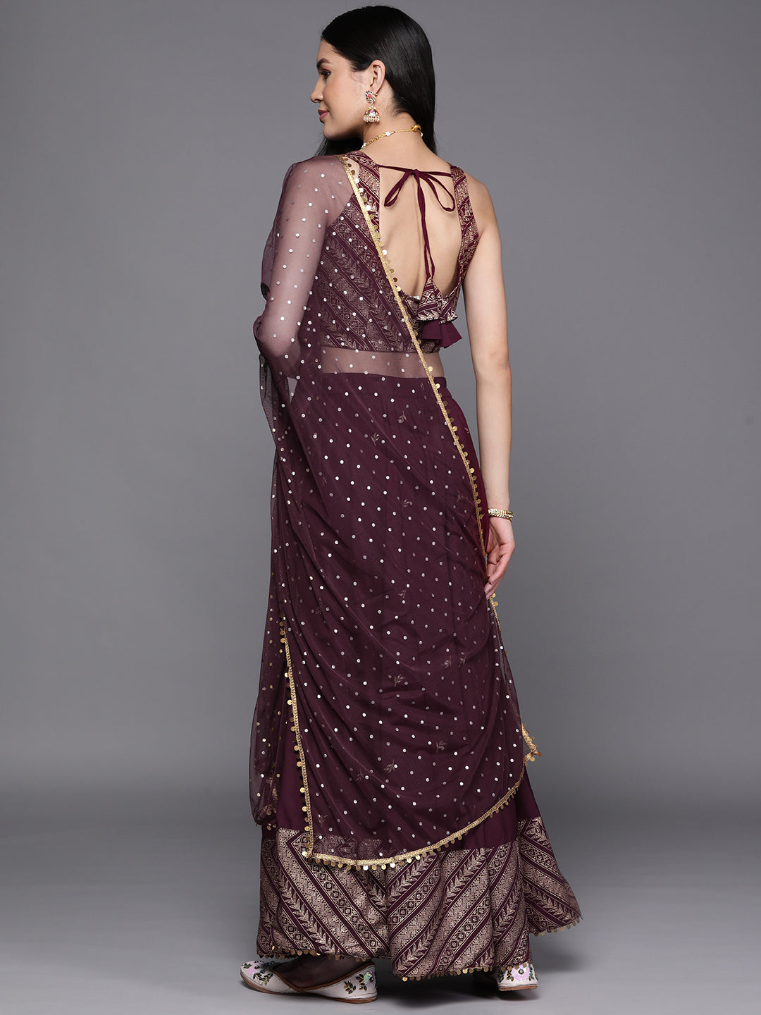 Indian Clothing Ahalyaa Purple & Gold-Toned Printed Sequinned Foil Print Ready to Wear Lehenga & Blouse With Dupatta | Swadesiicart