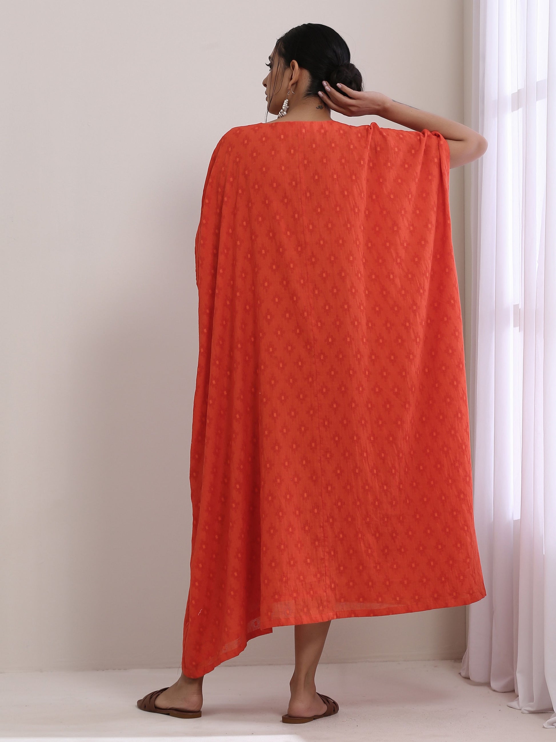trueBrowns Orange Dobby Panel Kaftan Dress | Swadesiicart