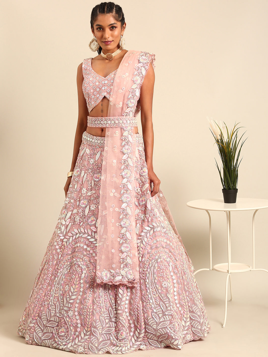 House of Panchhi Pink Net Multi Sequins with heavy Zarkan embroidery Lehenga choli & Dupatta | Swadesiicart