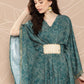 Ahalyaa Women Floral Printed Flared Sleeves Patchwork Belted Detail Crepe Kaftan Kurta | Swadesiicart
