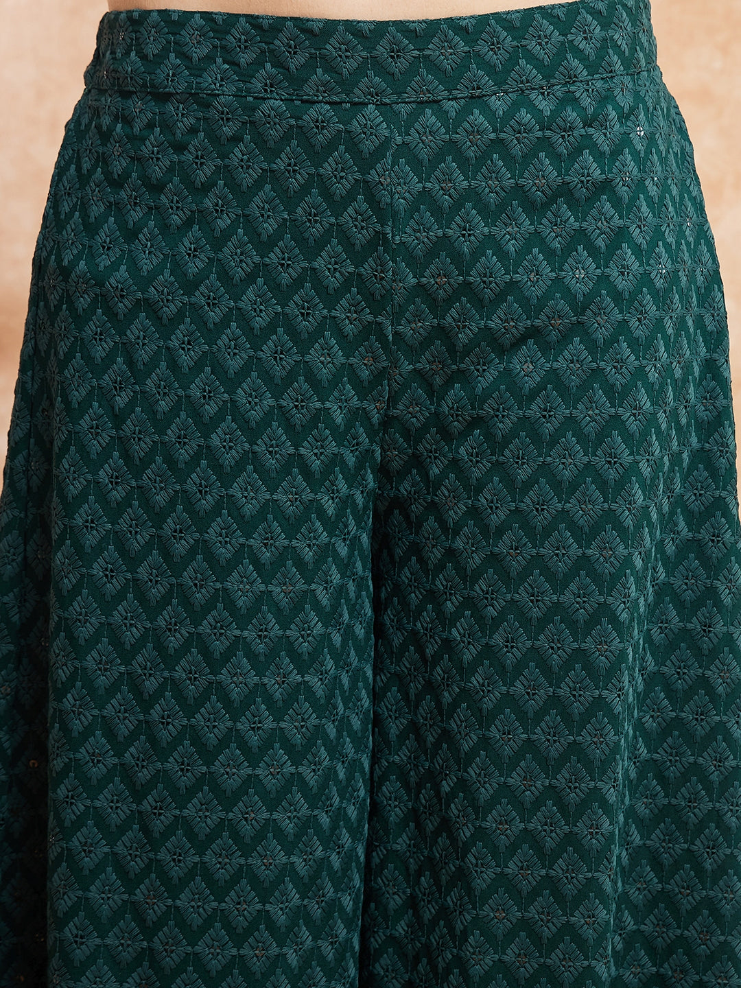 InWeave Women's Forest Green Chikankari Long Anarkali Kurta Sharara Set - Swadesiicart