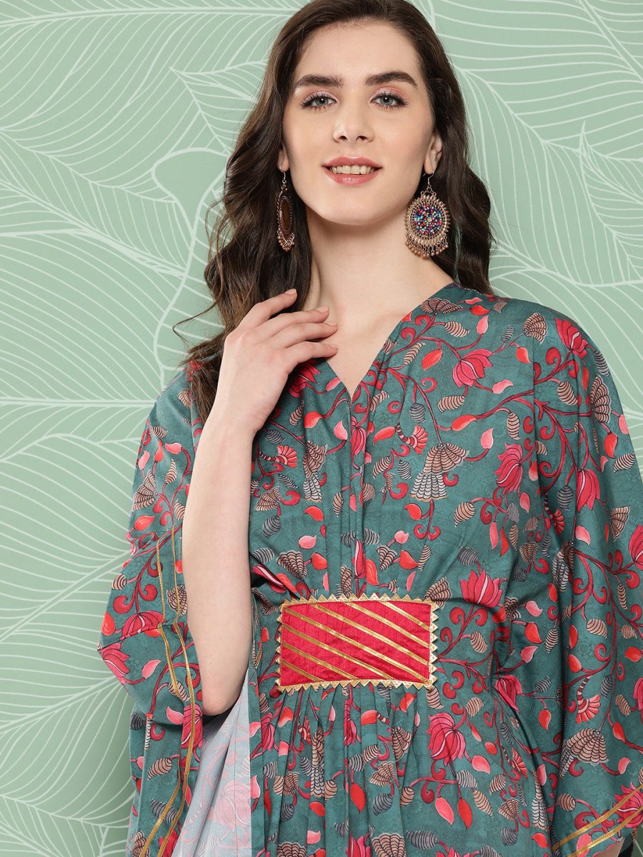Ahalyaa Women Floral Printed Flared Sleeves Gotta Patti Crepe Kaftan Kurta | Swadesiicart