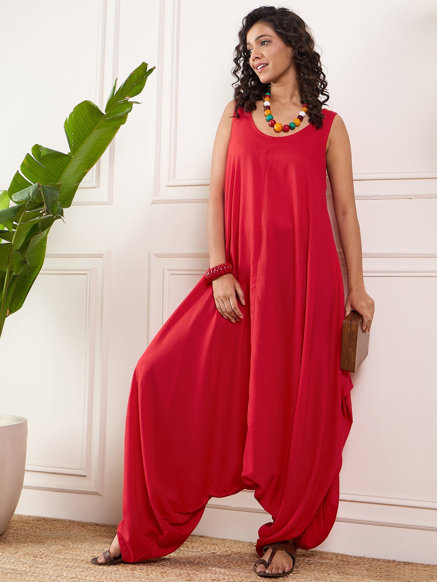 InWeave Red Round Sleeveless Jumpsuit - Swadesiicart