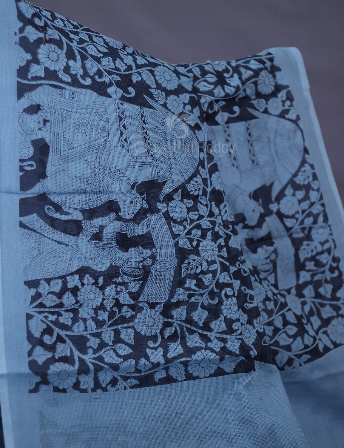 Shades of Grey Colour Kalamkari Pure Munga Cotton Saree By Gayathri Reddy Designer Studio | Swadesiicart