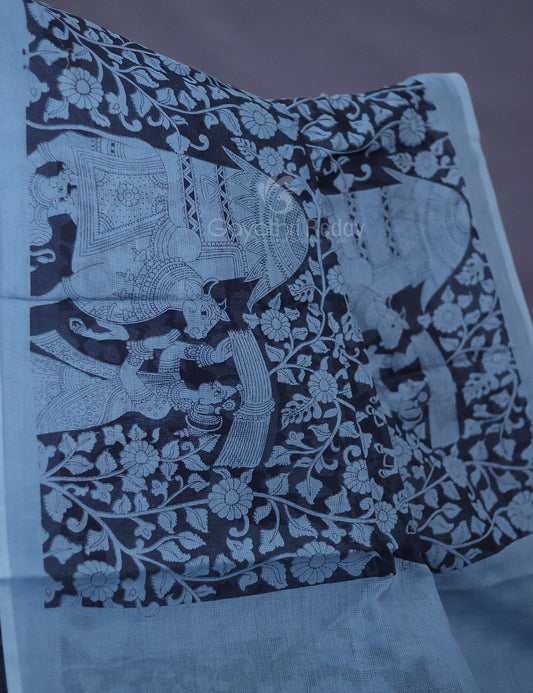 Shades of Grey Colour Kalamkari Pure Munga Cotton Saree By Gayathri Reddy Designer Studio | Swadesiicart