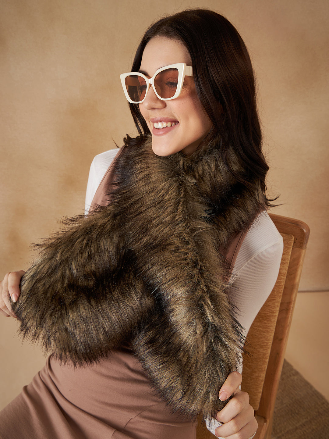 InWeave Women's Beige Print Faux Fur Neck Warmer - Swadesiicart