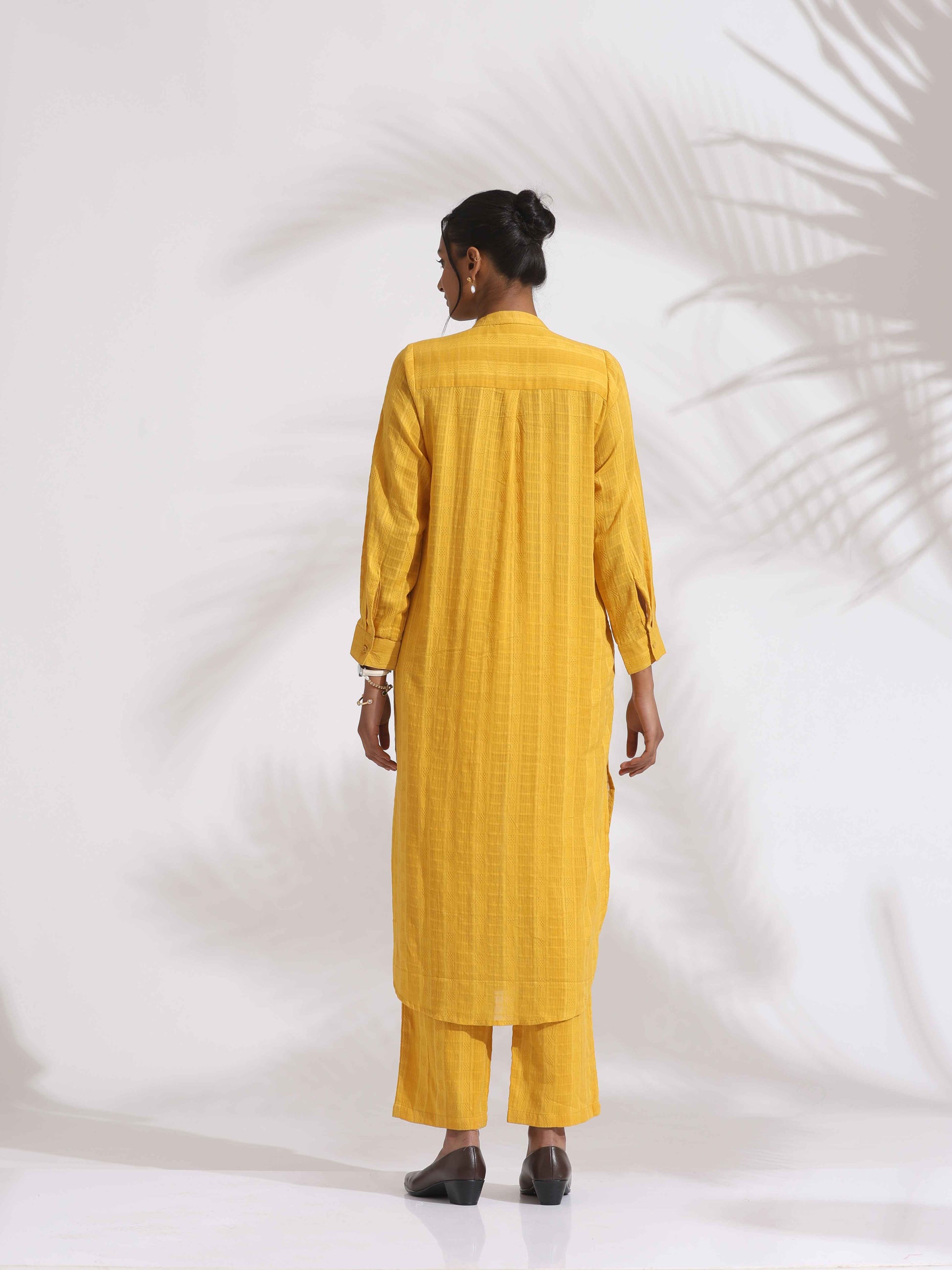 trueBrowns Yellow Cotton Pleated Shirt Kurta Set | Swadesiicart