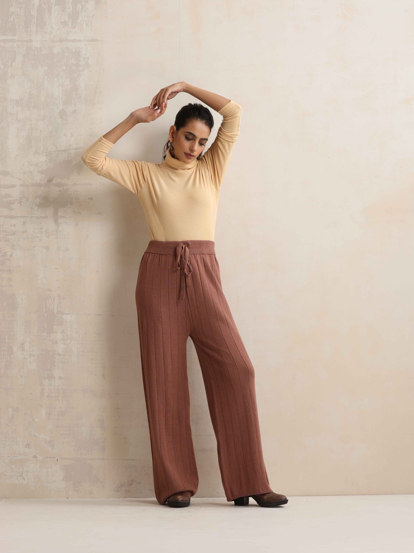 trueBrowns Peach Woollen Flared Pants | Swadesiicart