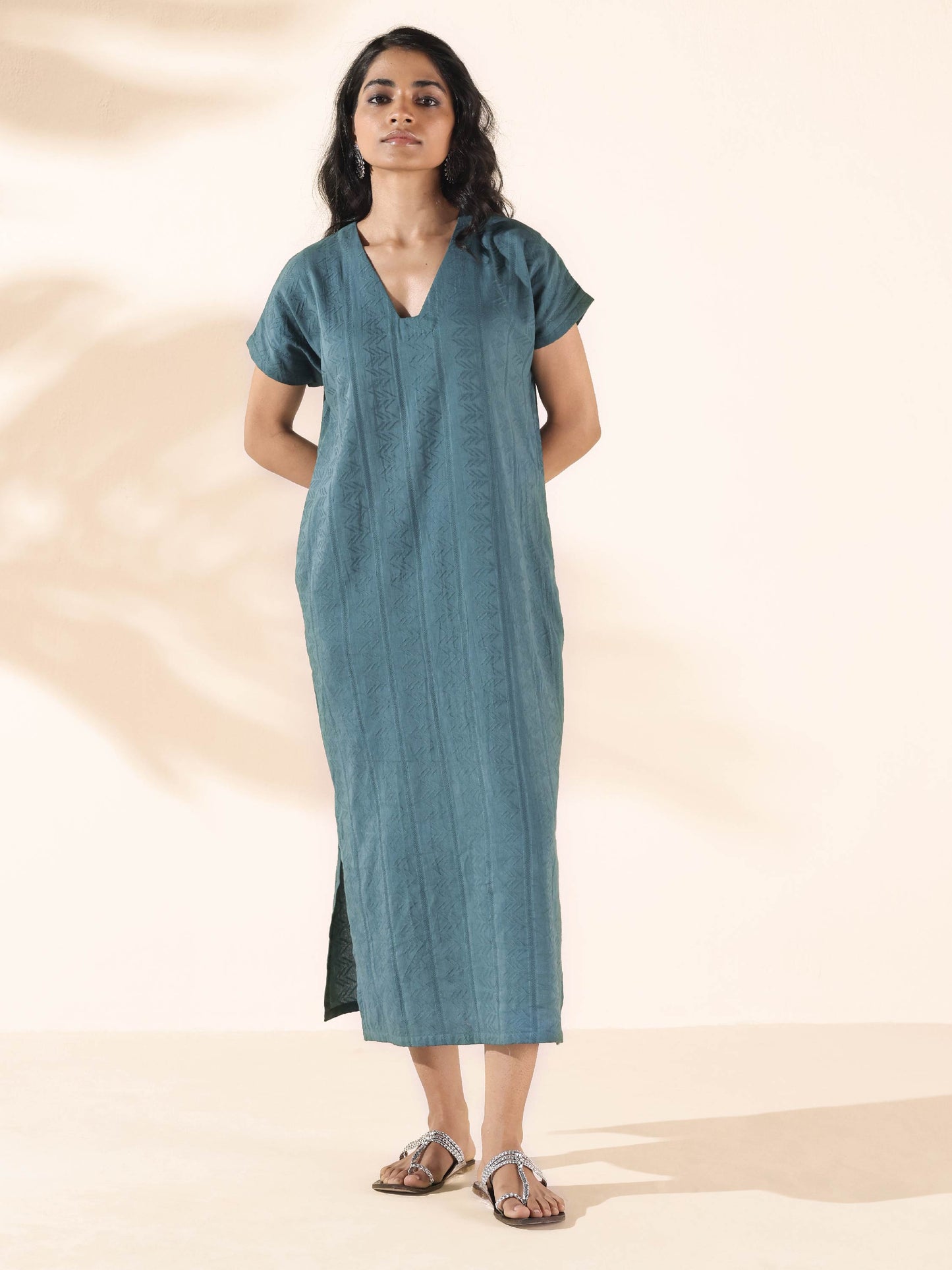 trueBrowns Turquoise Cotton Dobby Dress | Swadesiicart