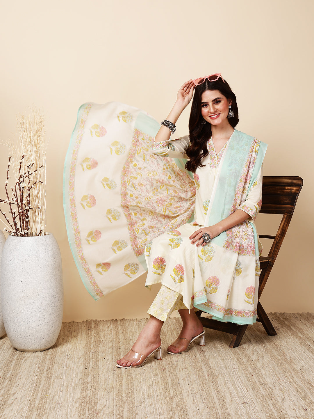 Antaran Cream Pure Cotton Floral Printed Kurta Pant And Dupatta Set - Swadesiicart