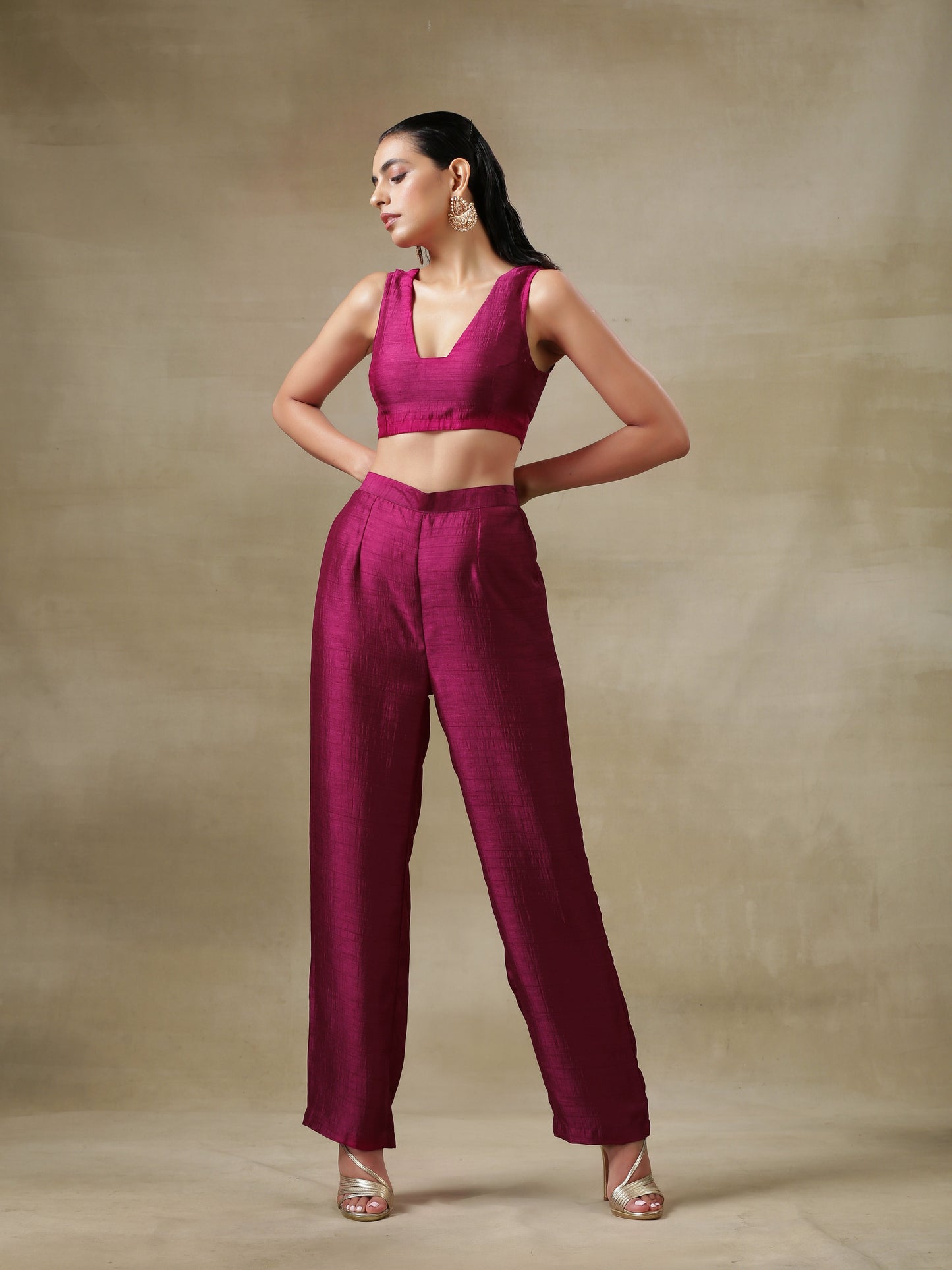 trueBrowns Purple Textured Silk Overlay Jacket Blouse Pant Set | Swadesiicart