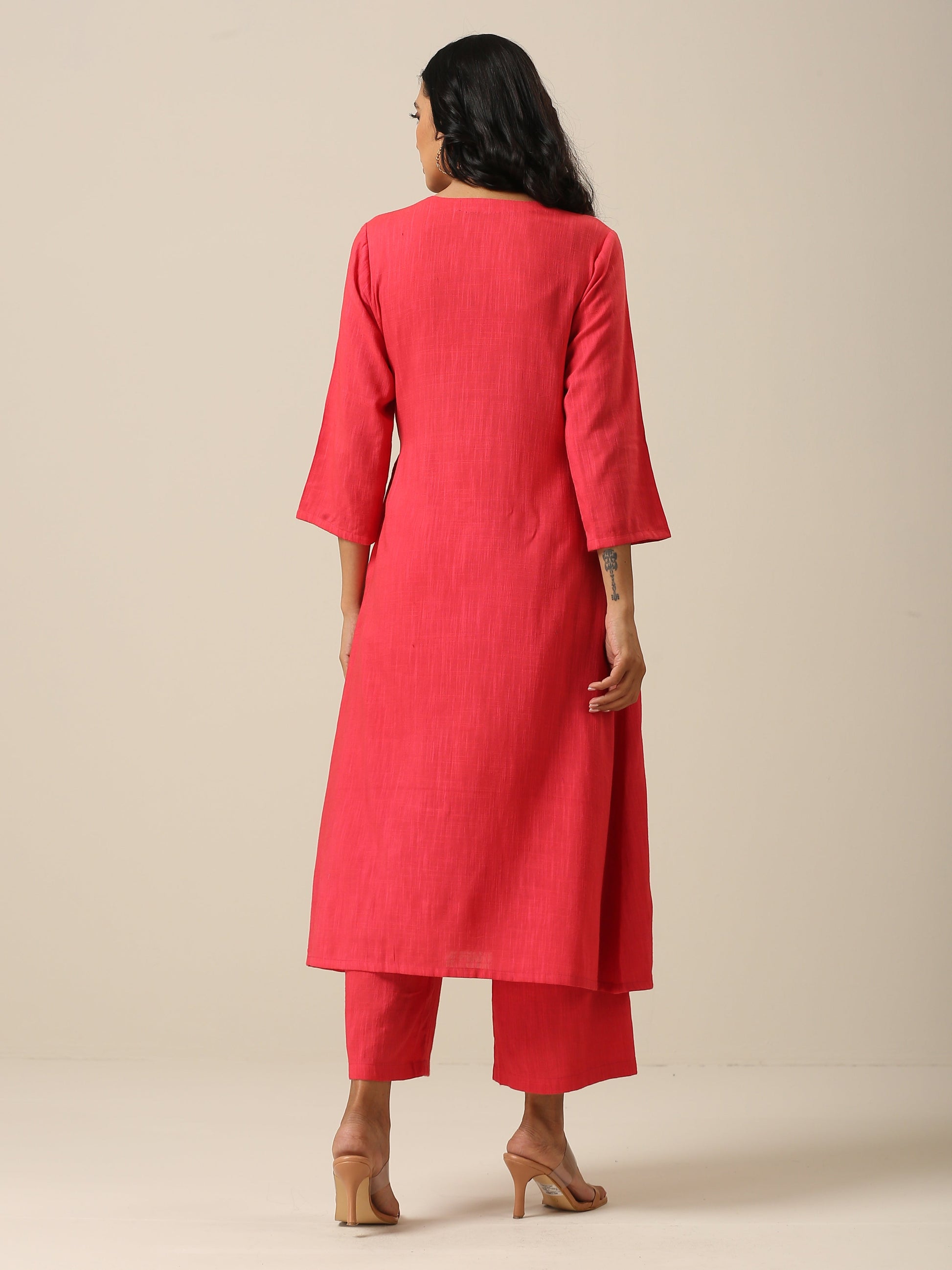trueBrowns Bright Pink Slub Texture Angrakha Pant Set | Swadesiicart