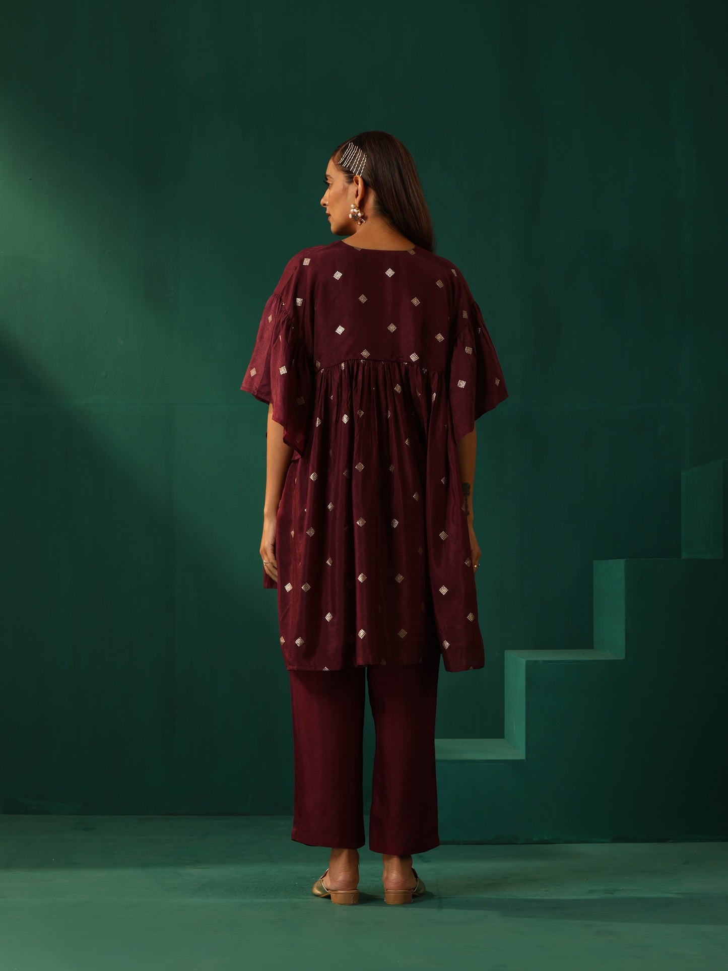 trueBrowns Wine Diamond Viscose Silk Waist Sleeve Gathered Co-ord Set - Swadesiicart