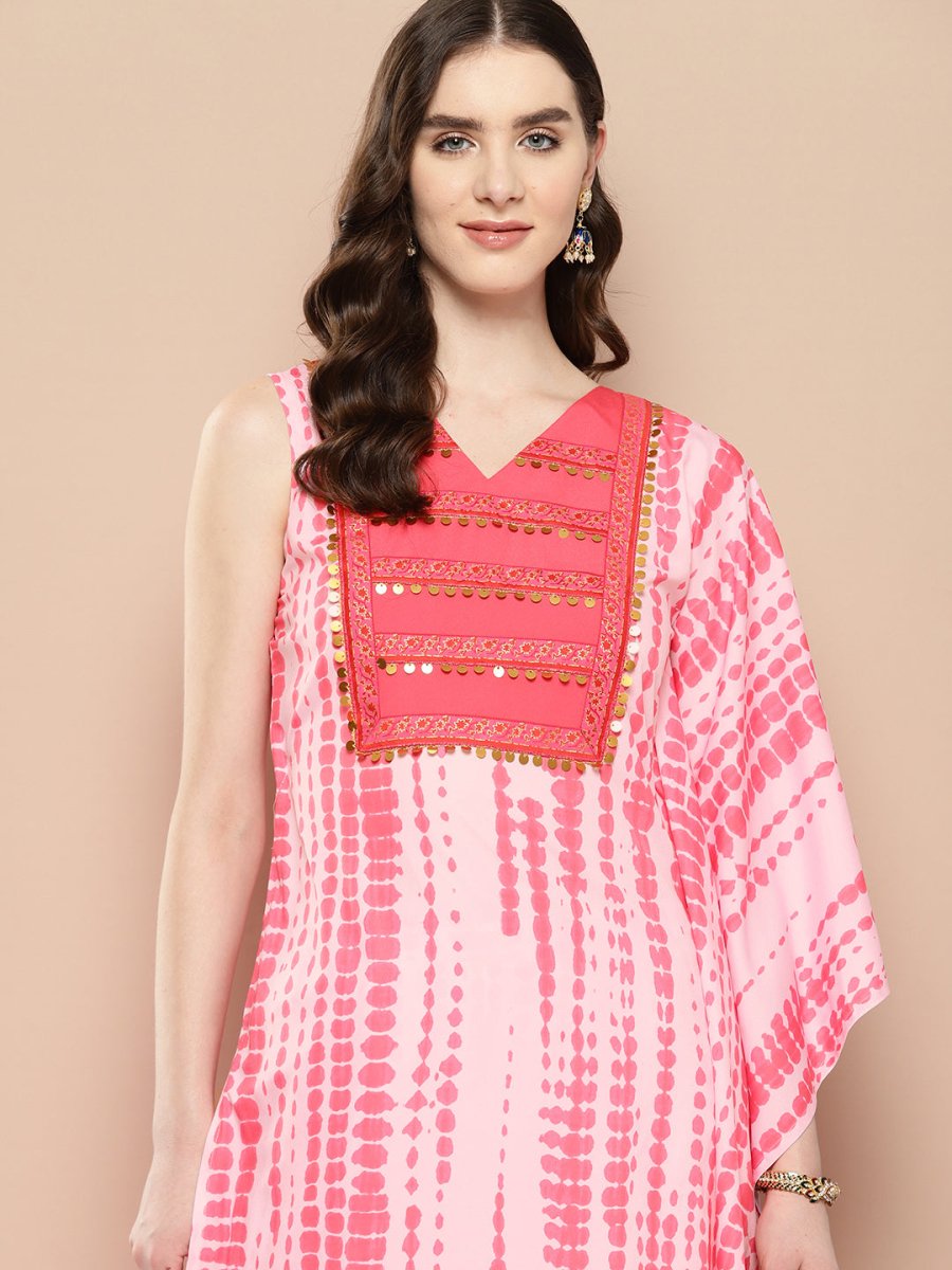 Ahalyaa Printed One-Shoulder Flared Sleeve Sequinned Kurta with Trousers | Swadesiicart