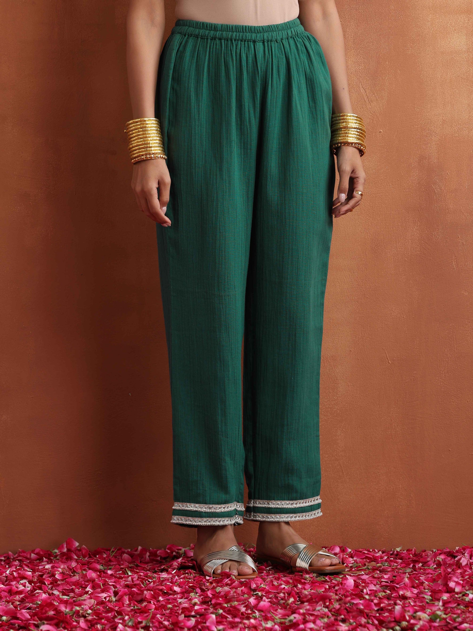 trueBrowns Green Cotton A-line Kurta Set | Swadesiicart