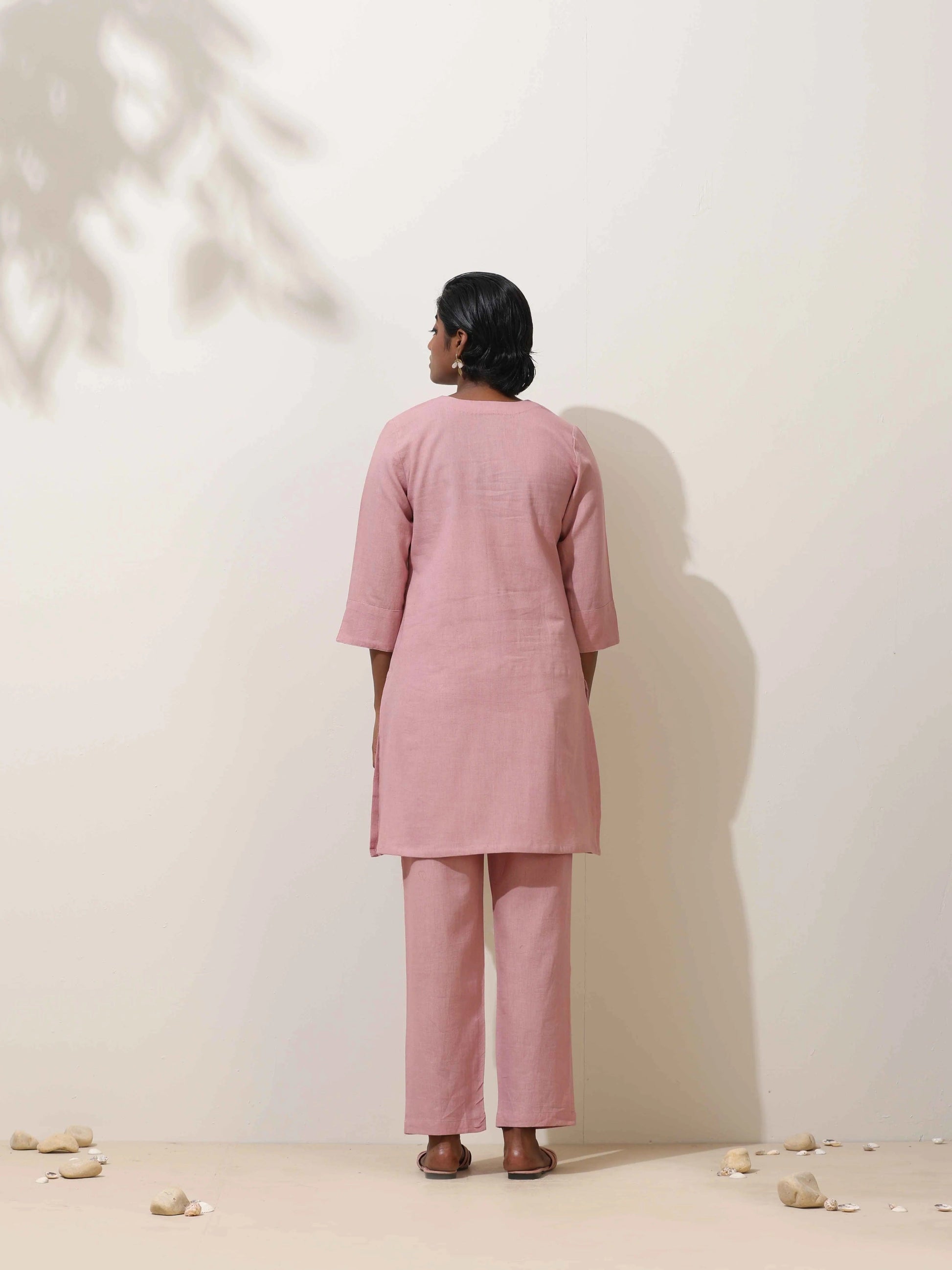 trueBrowns Pink Cotton Linen Kurta Co-Ord Set - Swadesiicart