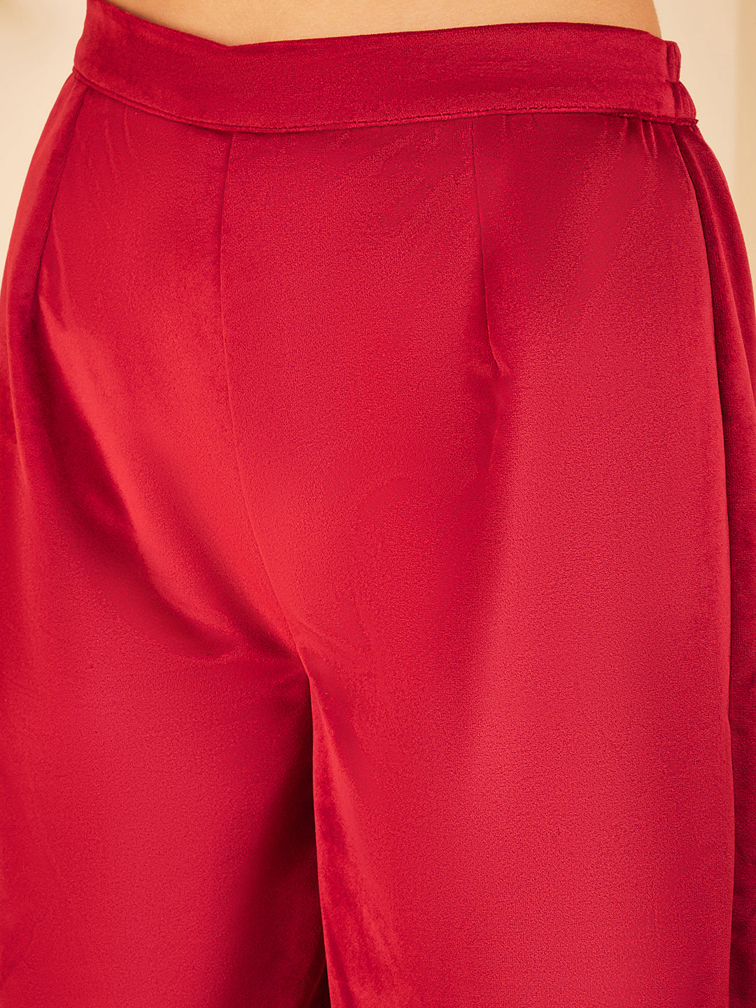 InWeave Women's Barn Red V Neck Asymmetrical Pleated Velvet Kurta Set - Swadesiicart