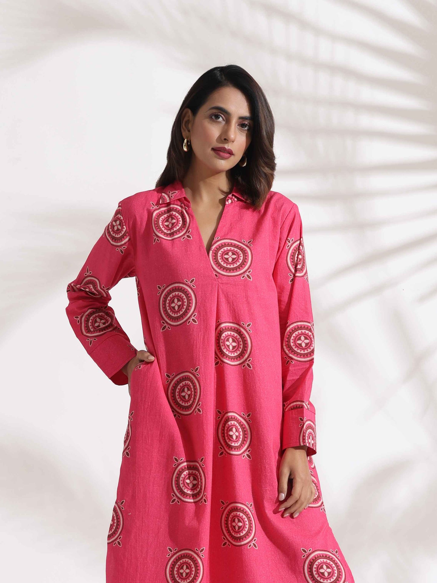 trueBrowns Pink Cotton Print A-line Dress | Swadesiicart
