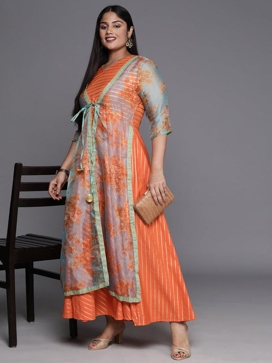 Ahalyaa Plus Size V-Neck Maxi Ethnic Dress | Swadesiicart