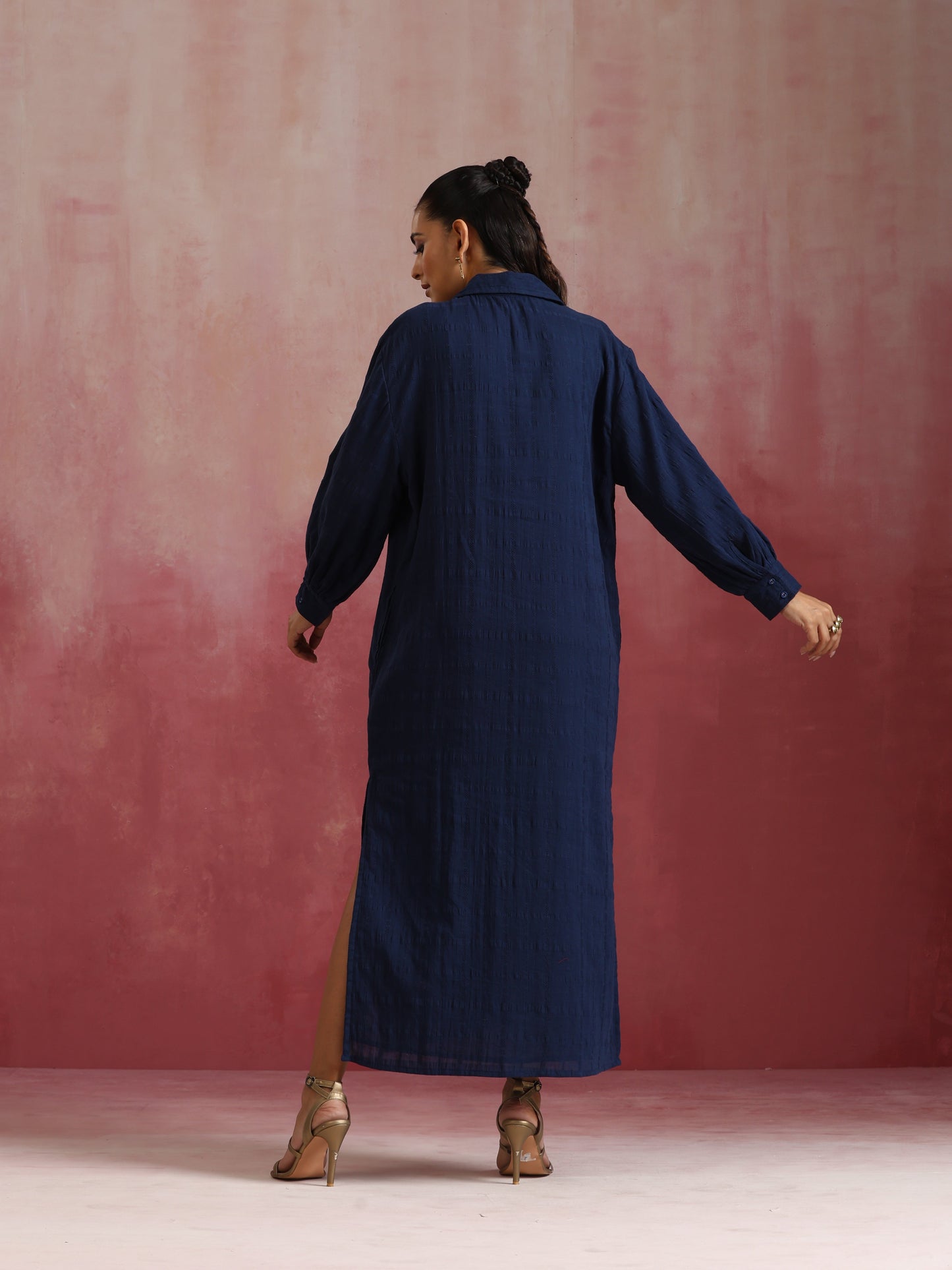 trueBrowns Dark Blue Cotton Dobby Dress | Swadesiicart