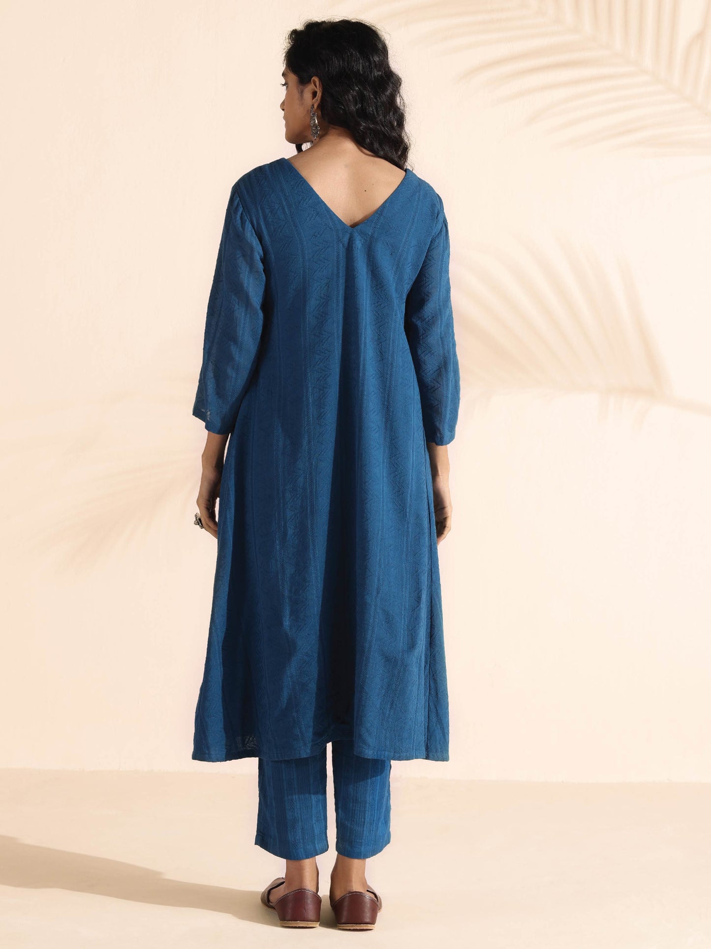 trueBrowns Blue Cotton Dobby Flared Kurta Pant Set | Swadesiicart