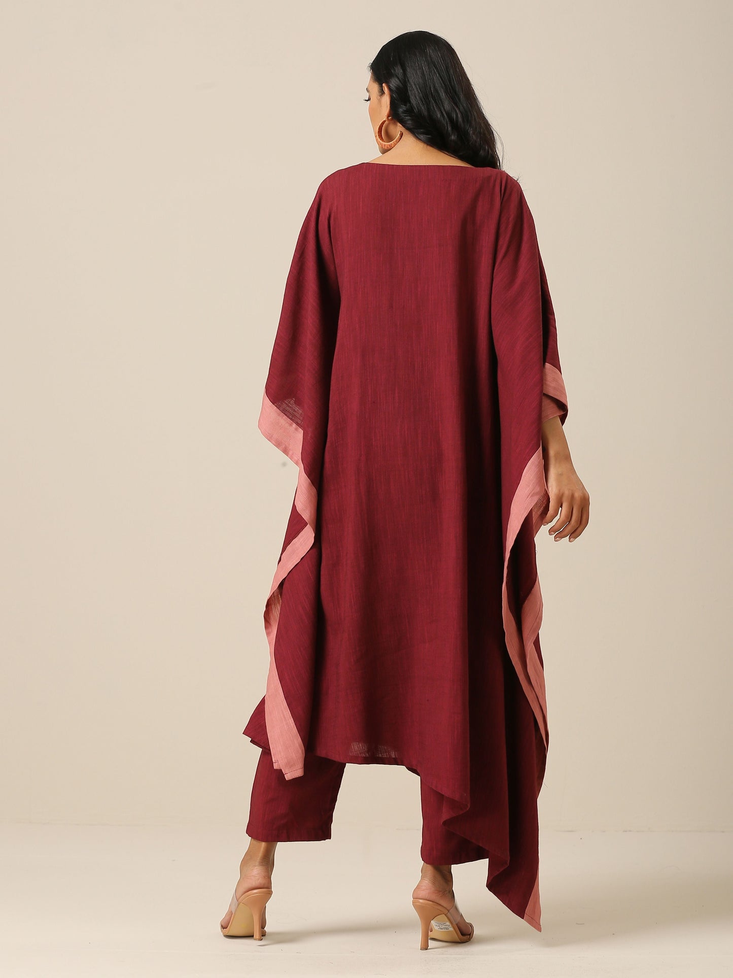 trueBrowns Ruby Wine Slub Texture High Low Kaftan Pant Set | Swadesiicart