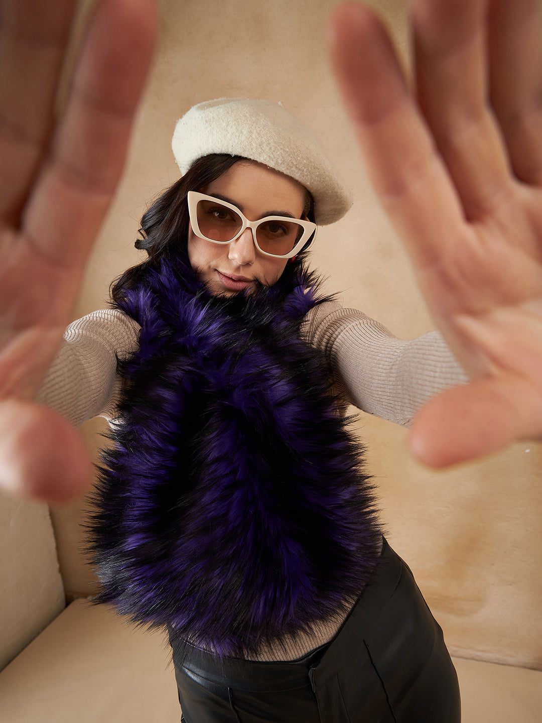 InWeave Women's Purple Black Faux Fur Neck Warmer - Swadesiicart