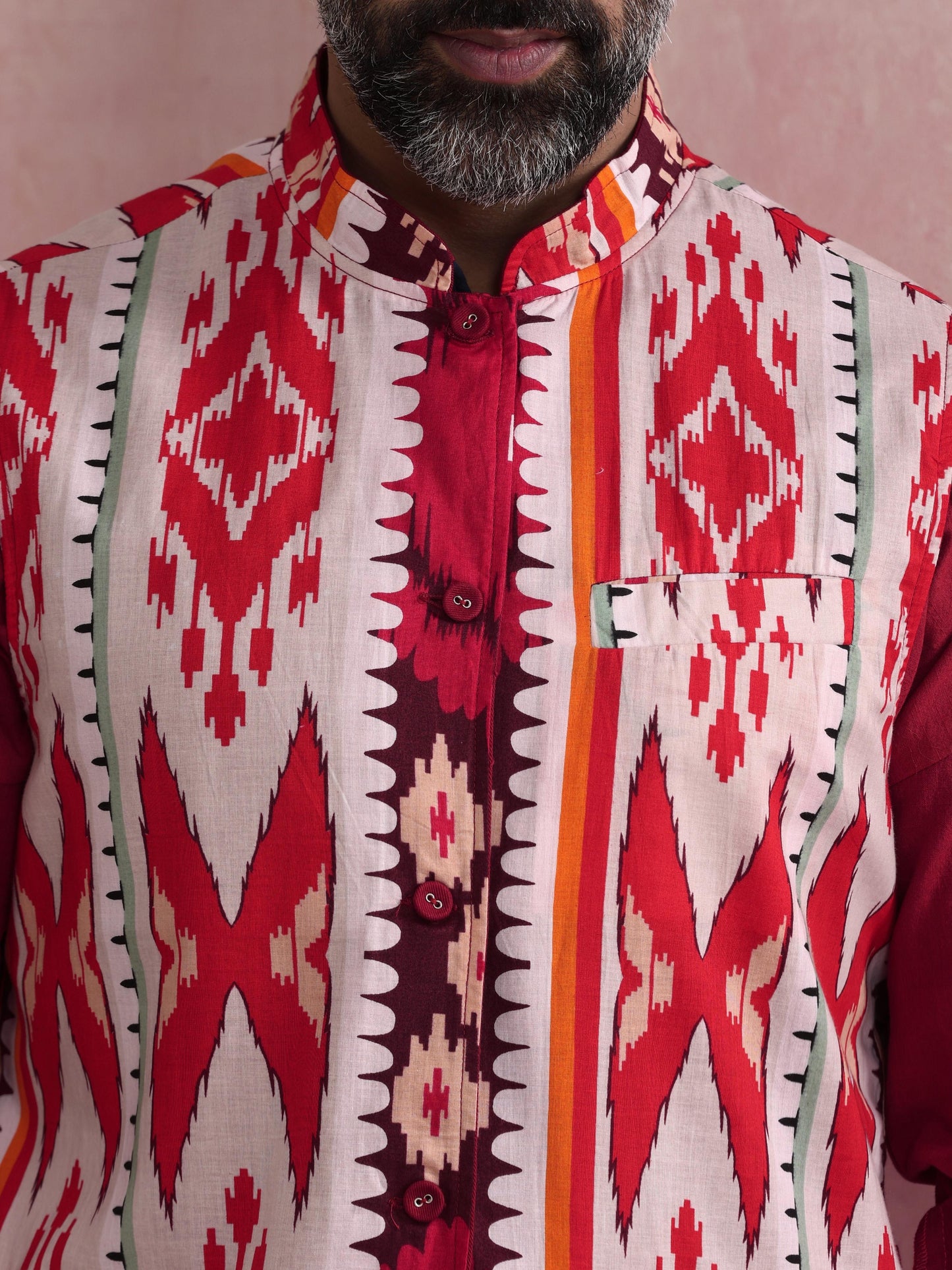 trueBrowns Men's Maroon Ikat Print Cotton Reversible Nehru Jacket | Swadesiicart