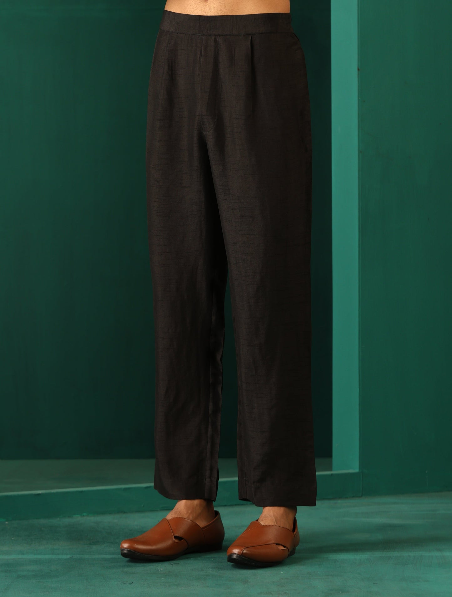 trueBrowns Men's Black Silk Co-ord Set Stitch Detail - Swadesiicart