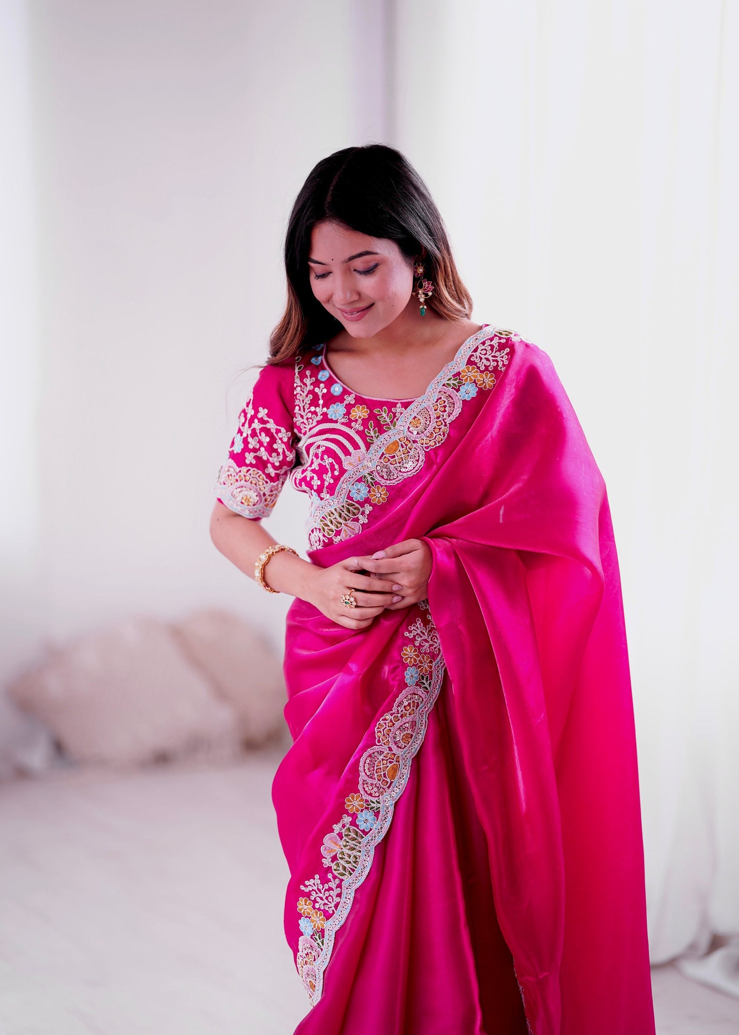 Lorenvalley Fashion Magenta Jimmy Choo with Embroidery Threads Codding & Sequins Work Saree with Blouse - Swadesiicart