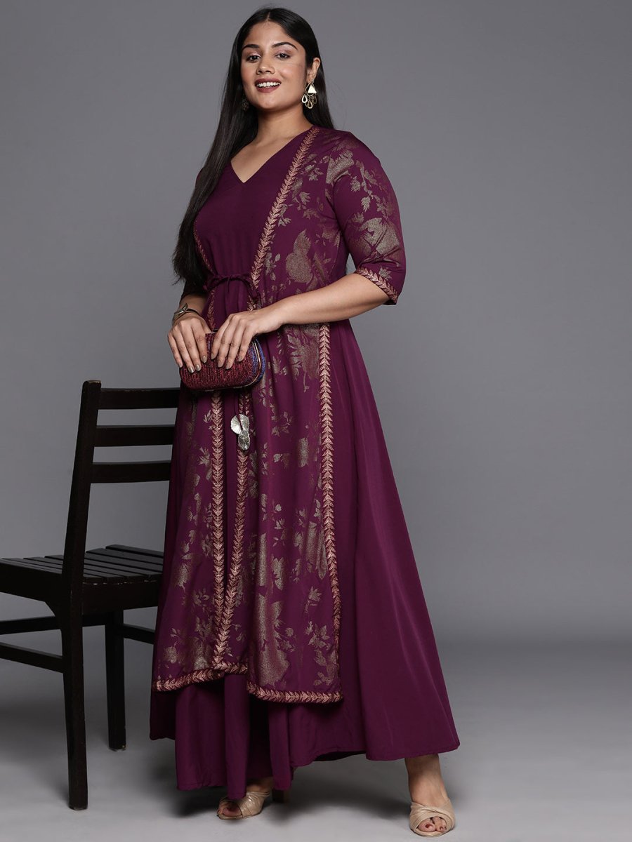 Ahalyaa Plus Size Floral Print Crepe Layered A-line Maxi Ethnic Dress | Swadesiicart