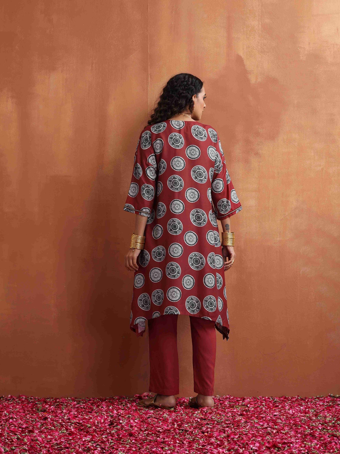 trueBrowns Maroon Print A-line Kurta Co-ord Set - Swadesiicart