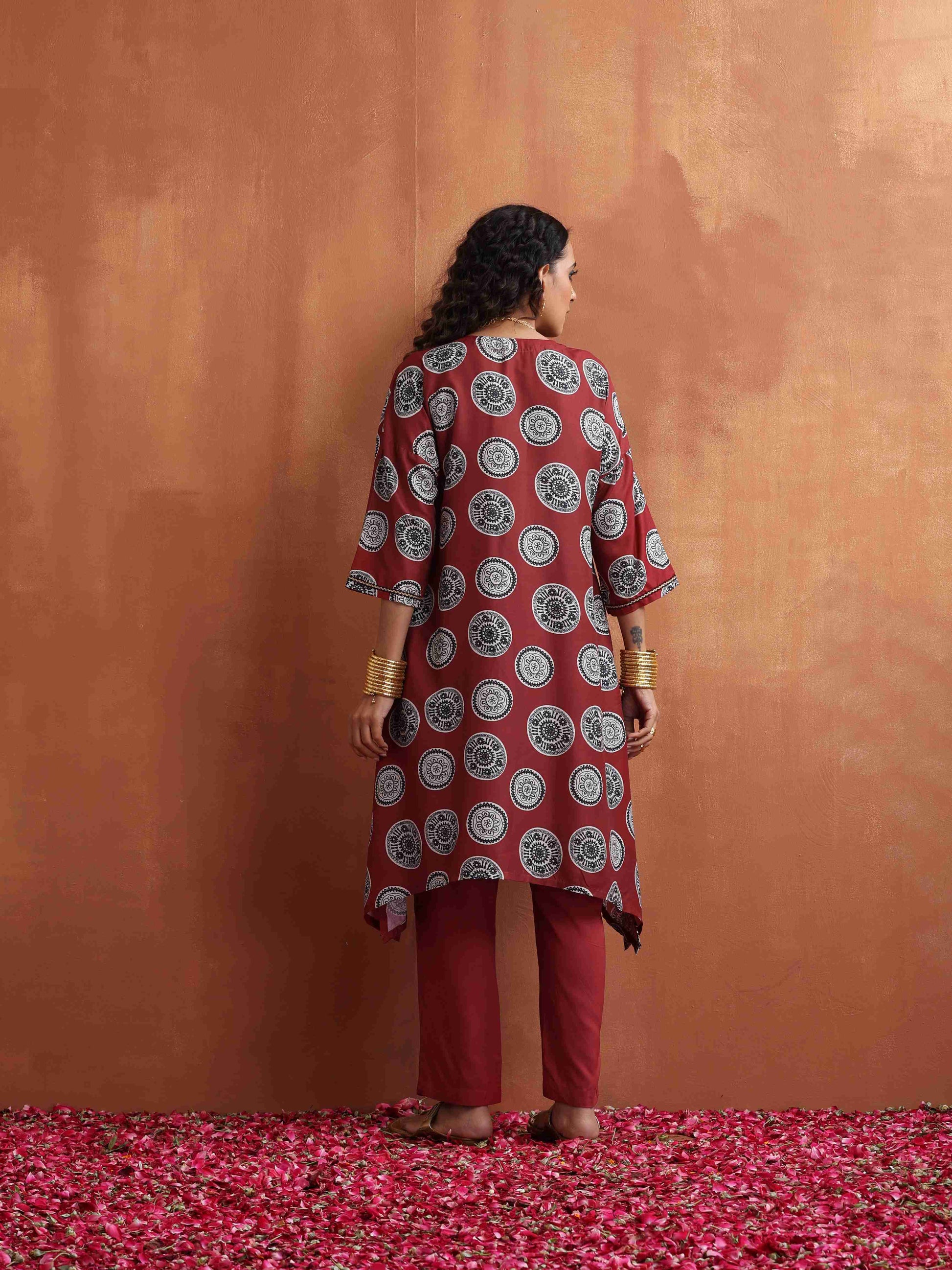 trueBrowns Maroon Print A-line Kurta Co-ord Set - Swadesiicart