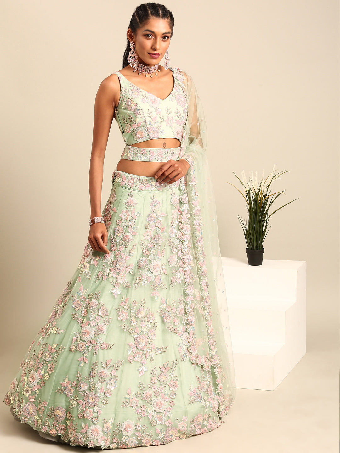 House of Panchhi Lime Green Net Sequins with heavy Zarkan embroidery Lehenga choli & Dupatta | Swadesiicart