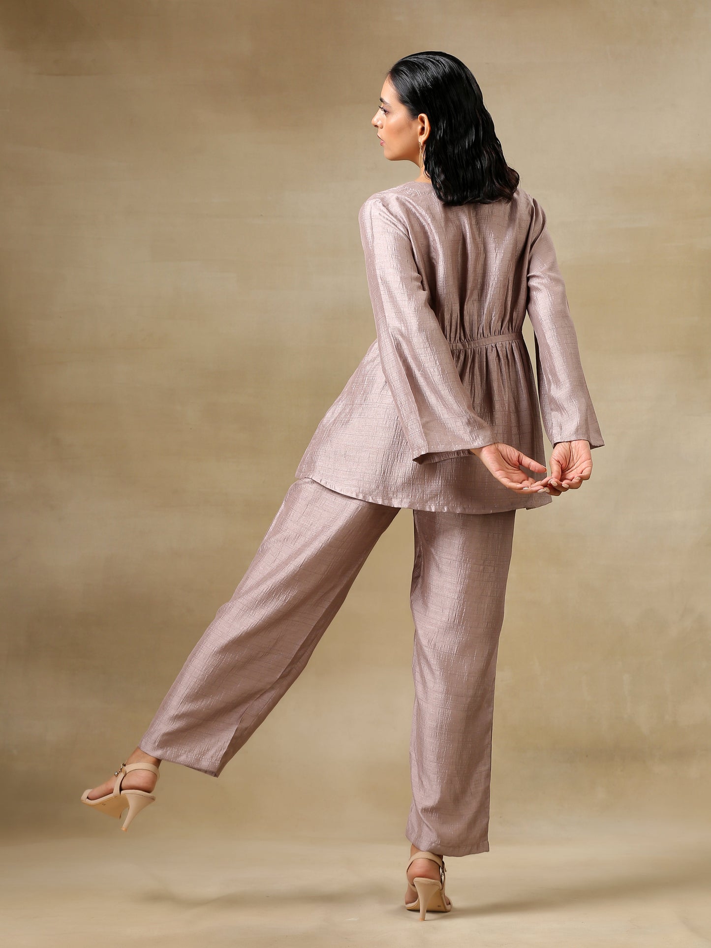 trueBrowns Grey Textured Silk Deep V-Neck Co-Ord Set - Swadesiicart