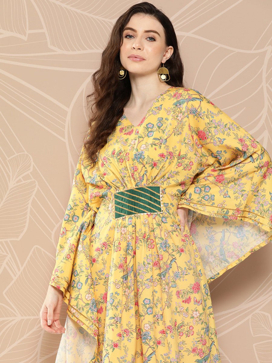 Ahalyaa Women Floral Printed Flared Sleeves Gotta Patti Floral Crepe Kaftan Kurta | Swadesiicart