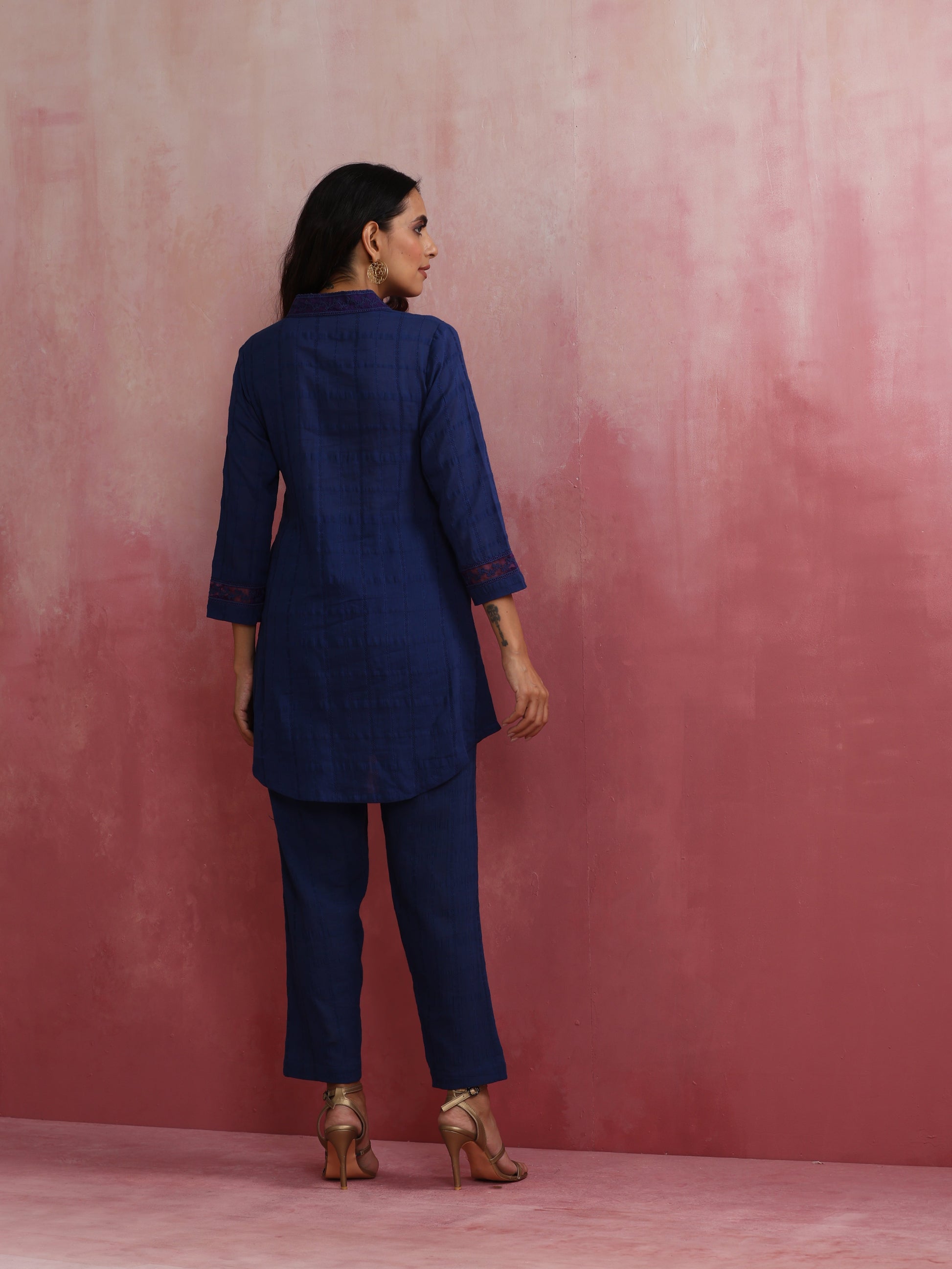 trueBrowns Dark Blue Cotton Dobby Kurta Co-ord set - Swadesiicart