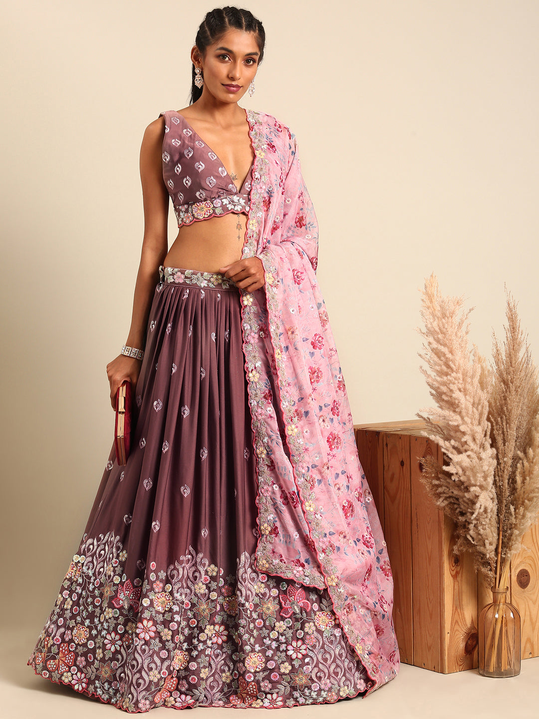 House of Panchhi Rose Gold Chinon Sequins Embroidery Lehenga Choli & Dupatta | Swadesiicart