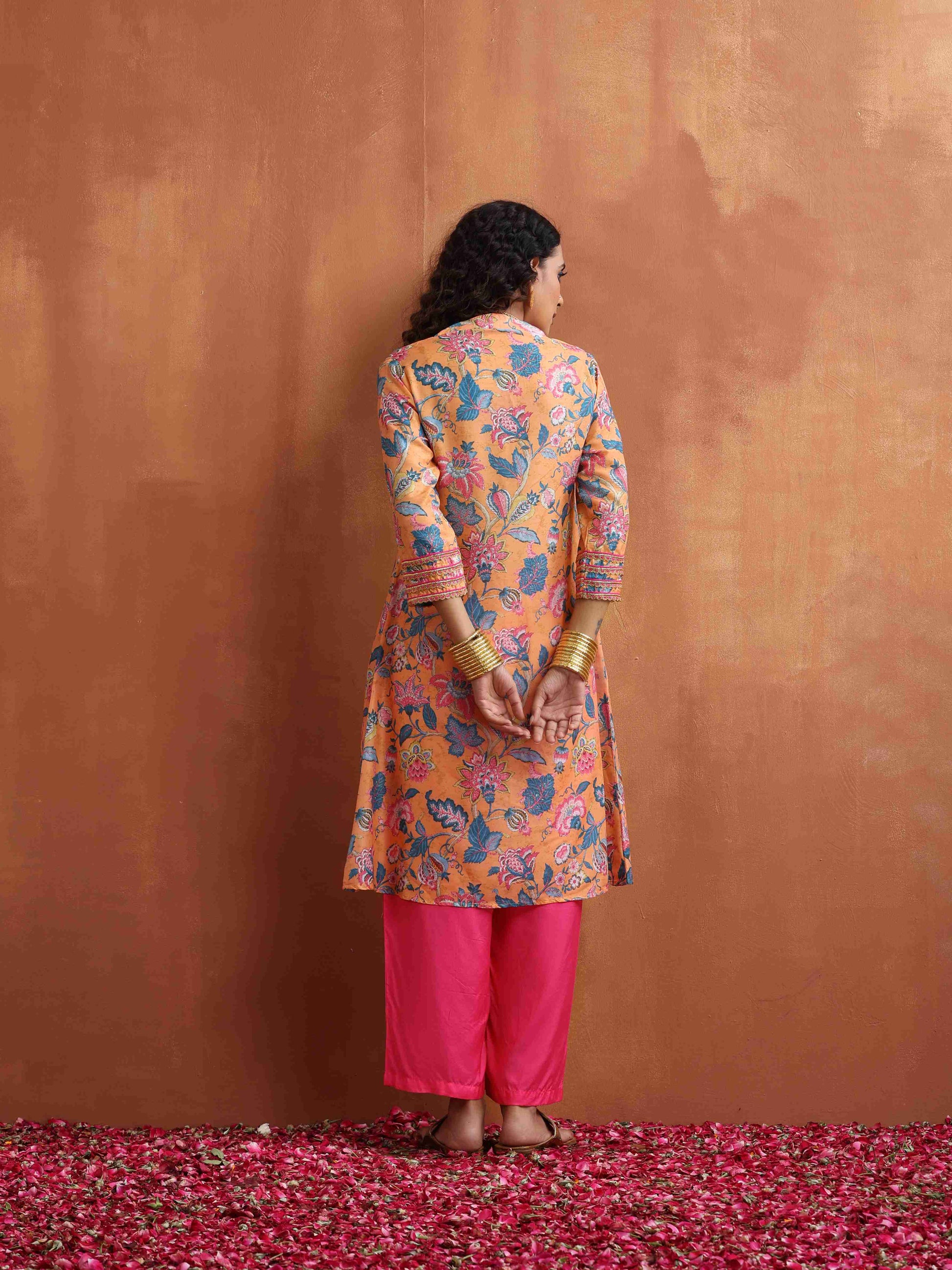 trueBrowns Orange Print Kurta Co-ord Set - Swadesiicart