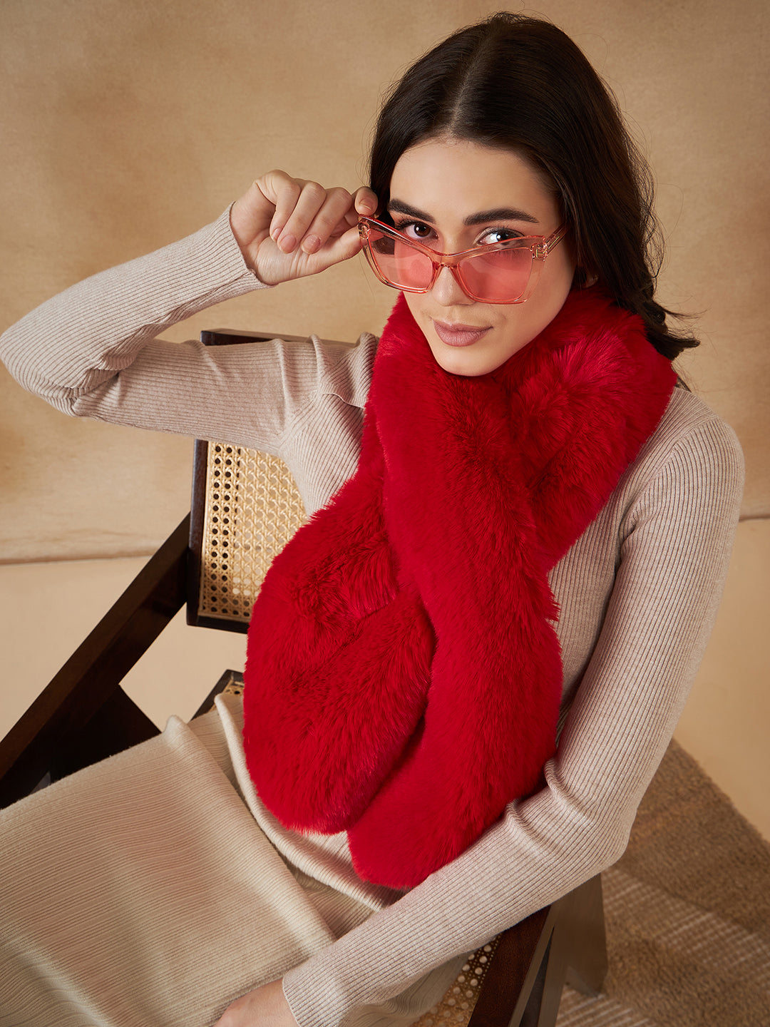 InWeave Women's Cherry Red Faux Fur Neck Warmer - Swadesiicart